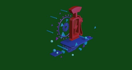 Red electric charging station symbol on a pedestal of abstract geometric shapes floating in the air. Abstract concept art with flying shapes in the center. 3d illustration on green background