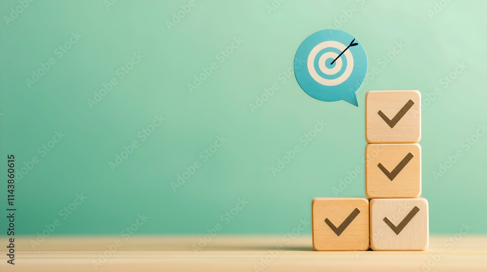Poster a stack of wooden blocks with checkmarks, topped by a target icon, symbolizes goal achievement and p