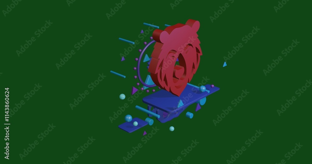 Poster red bear head icon on a pedestal of abstract geometric shapes floating in the air. abstract concept 