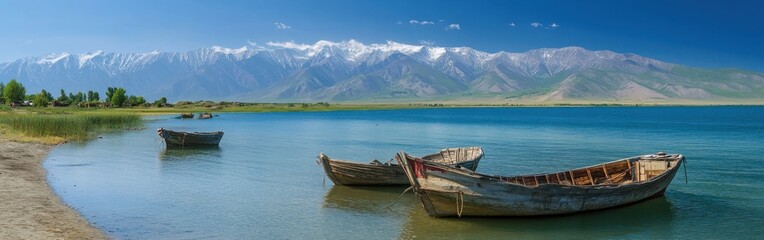 Obraz premium Stunning view of remote Lake Issyk-Kul with wooden boats against majestic Kyrgyzstan mountains