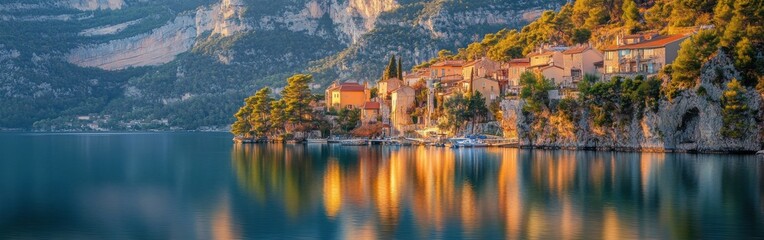 Obraz premium Reflective waters of Lac de Sainte-Croix showcase vibrant colors of neighboring village at sunrise