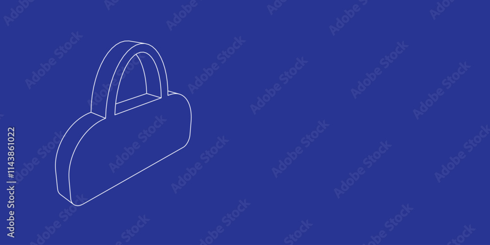 Poster the outline of a large sports bag symbol made of white lines on the left. 3d view of the object in p