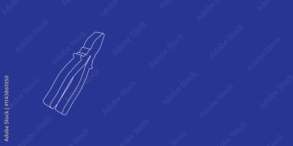 Poster the outline of a large pliers symbol made of white lines on the left. 3d view of the object in persp