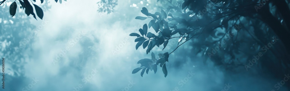Poster misty forest landscape enveloped in soft diffused light creating an ethereal atmosphere