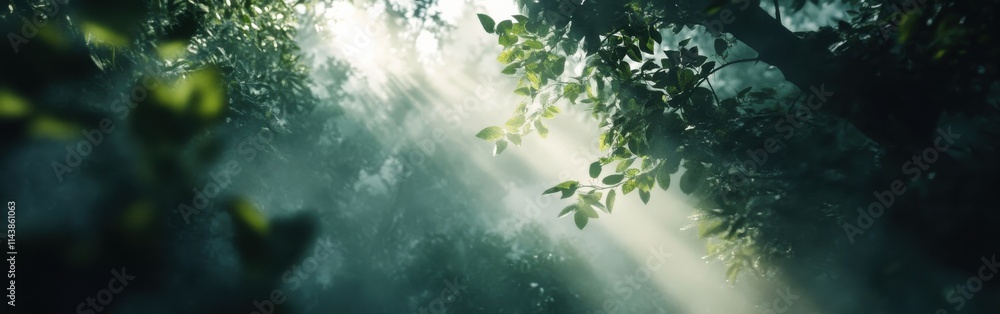 Poster Misty forest trees illuminated by diffused sunlight creating an enchanting atmosphere