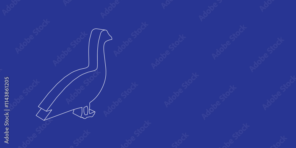 Poster the outline of a large goose symbol made of white lines on the left. 3d view of the object in perspe