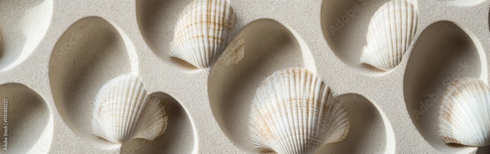 Poster geometric arrangement of seashells displayed on a textured sandy background in natural light