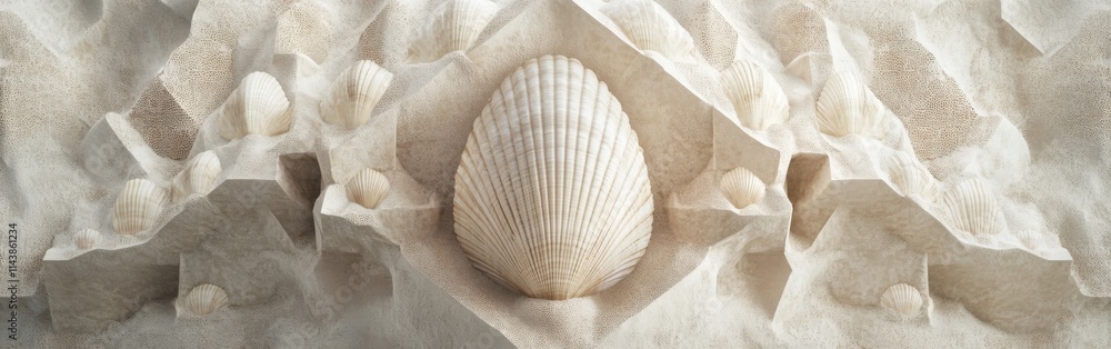 Aufkleber geometric arrangement of seashells and sand showcasing natural forms and textures in a coastal setti
