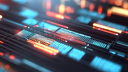 A vibrant, abstract representation of digital data streams, featuring glowing lines and geometric patterns in blue and orange hues.