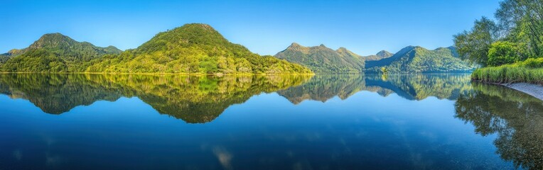 Stunning view of Mirror Lake in New Zealand with a tranquil reflection of lush mountains and clear blue sky