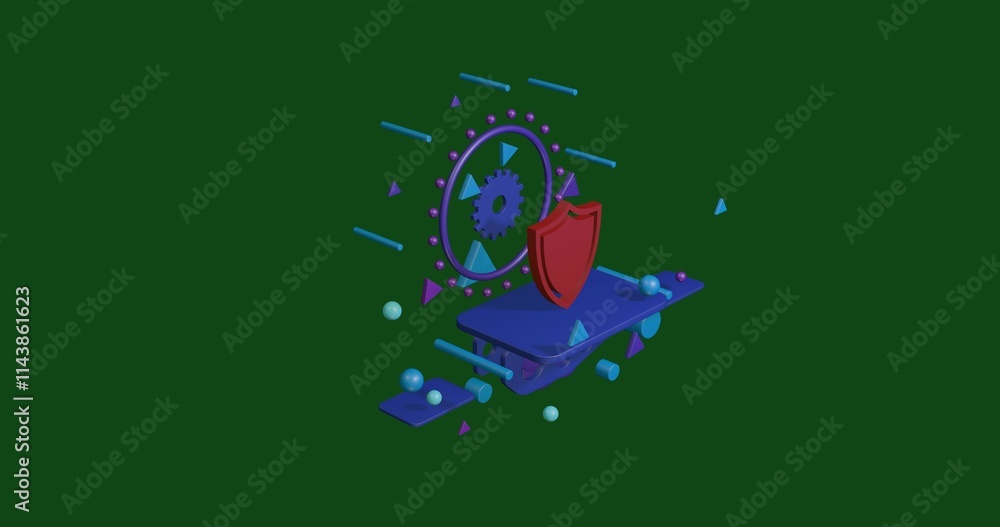Poster red shield symbol on a pedestal of abstract geometric shapes floating in the air. abstract concept a