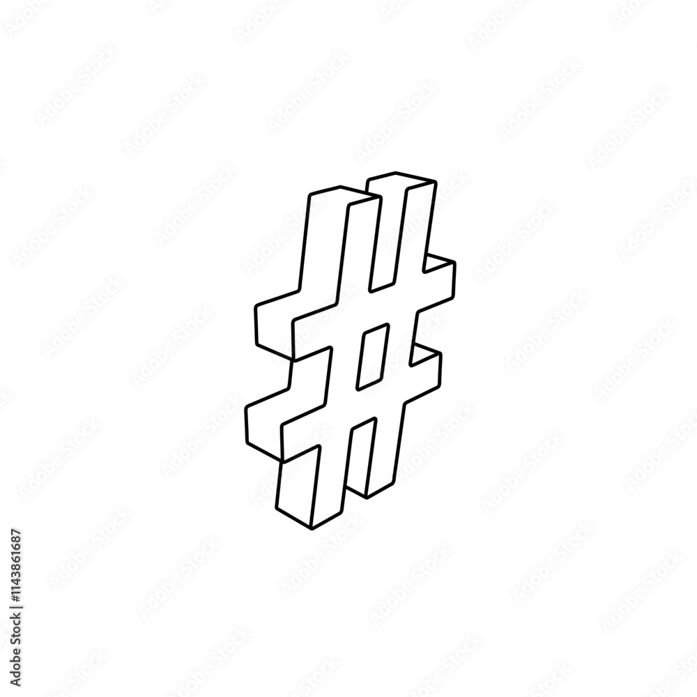 Poster the outline of a large hash symbol is made with black lines. 3d view of the object in perspective. v