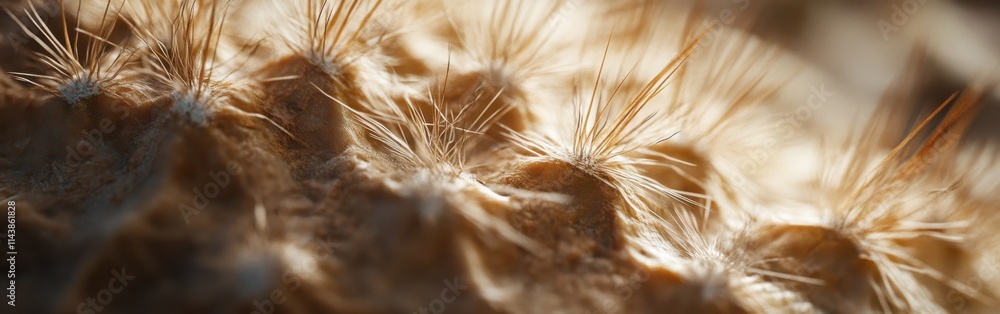 Poster close-up view of cactus surface highlighting spines and texture under natural light
