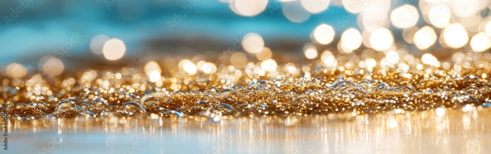 Poster macro view of shimmering sand grains illuminated by sunlight in shallow water revealing textures and