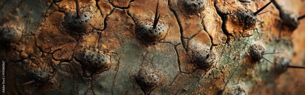 Poster detailed view of cactus skin showcasing texture, spikes, and natural patterns found in arid environm