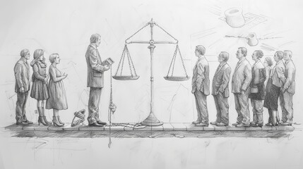 A philosophical debate on utilitarianism, capturing individuals discussing the greatest good for the greatest number, with symbolic elements like scales and calculators