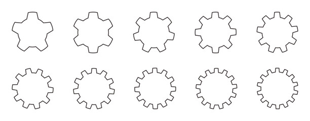vector set of gear 5 teeth - 14 teeth (outline)