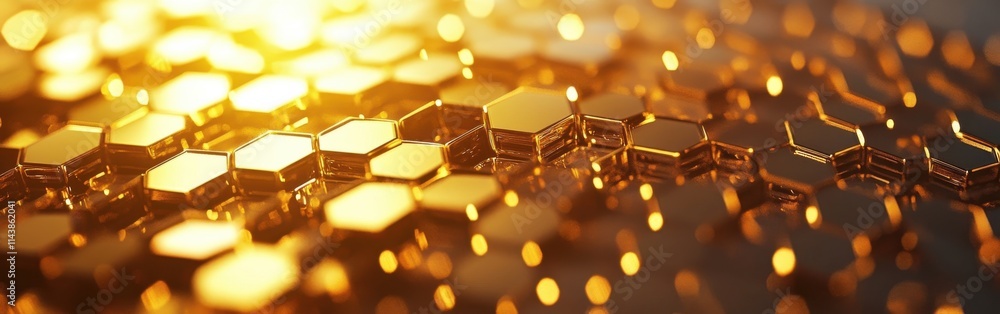 Aufkleber Macro shot of golden honeycomb showcasing intricate hexagonal structures and natural patterns in warm light