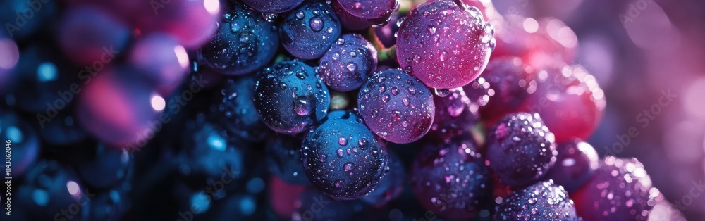 Poster macro shot captures dew-covered grape clusters at dawn in a vineyard setting