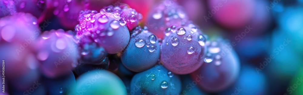Poster macro shot captures vibrant grape clusters adorned with glistening dew drops in a natural setting at