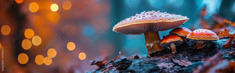 Poster Brightly colored autumn mushrooms surrounded by soft bokeh lights in a tranquil forest setting