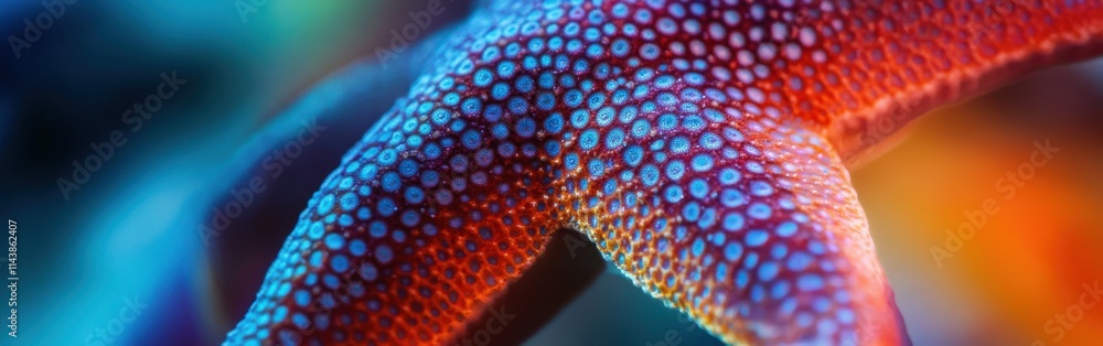 Poster macro shot of a colorful starfish highlighting intricate textures and vibrant colors underwater at s