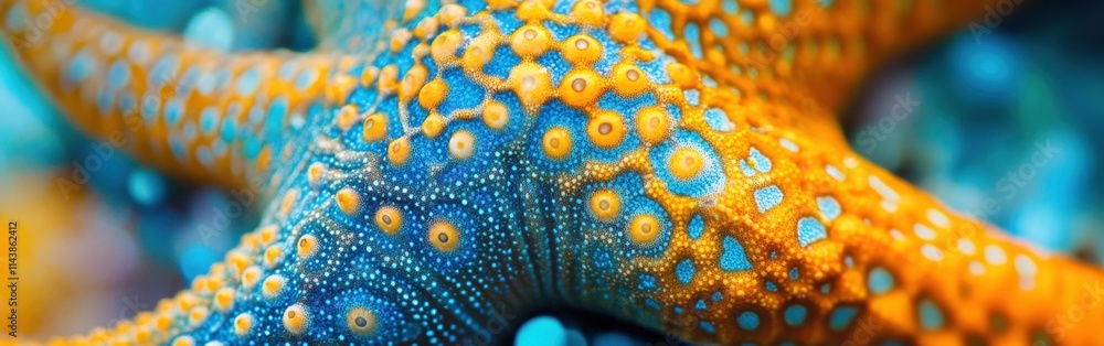 Poster bright orange and blue starfish captured in close-up highlighting its unique texture and colors unde