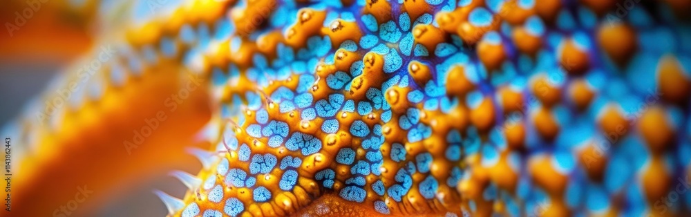 Poster macro view of a vibrant starfish showcasing its intricate patterns and vivid colors in a marine habi