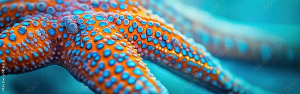 Poster macro view of a vibrant starfish showcasing intricate textures and colors on a sandy ocean floor dur