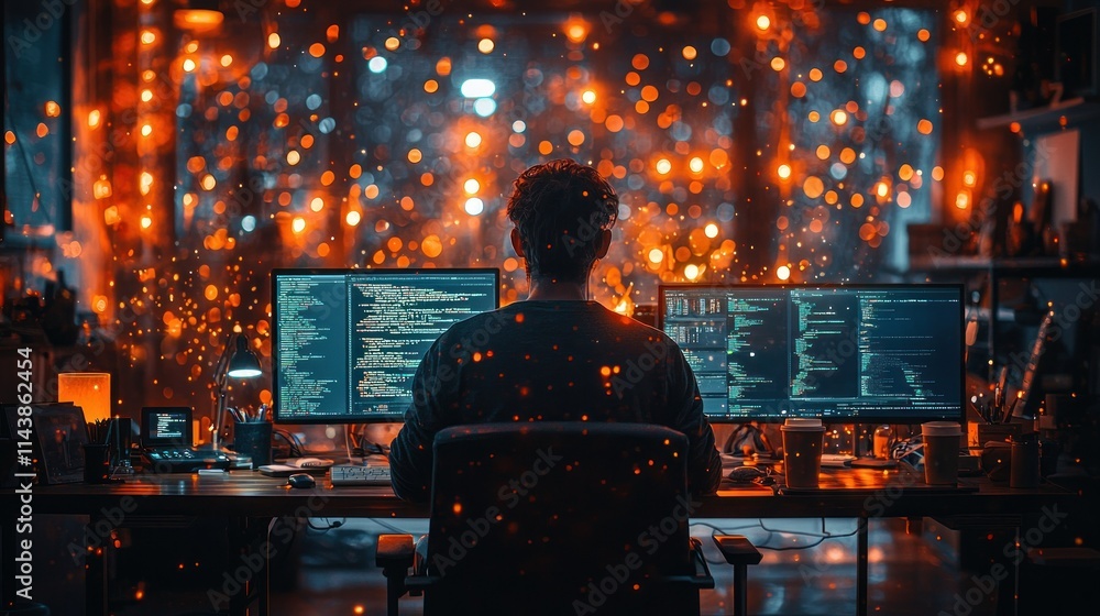 Poster person coding in a dimly lit workspace with glowing screens.