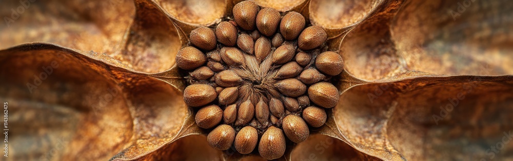 Poster macro shot of a detailed seed pod highlighting the intricate structure and arrangement of seeds reve