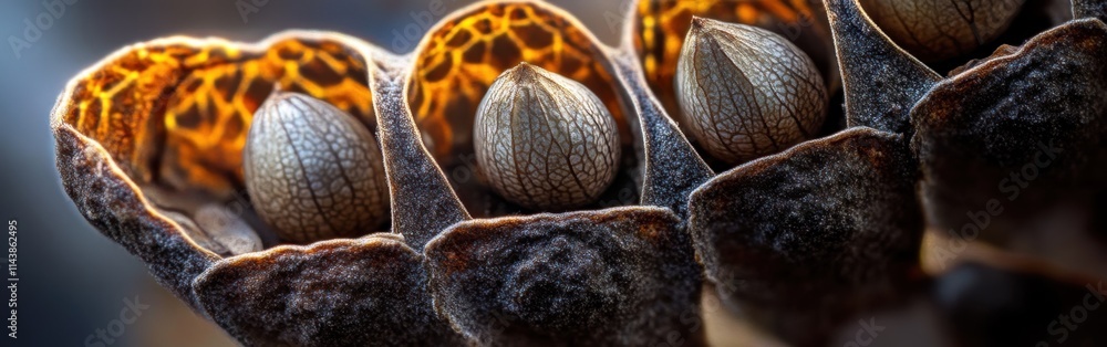 Poster Detailed macro shot showcasing a seed pod with intricate textures and patterns against a blurred background