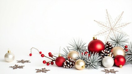 A festive still life arrangement of Christmas decorations against a pristine white background, featuring a mix of spherical ornaments in various sizes, shimmering tinsel garlands, and intricately desi