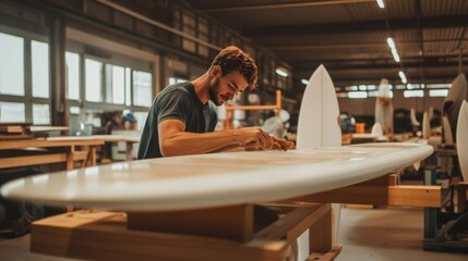 Craftsman meticulously shaping a surfboard in a workshop.