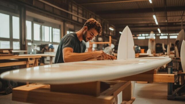 Craftsman meticulously shaping a surfboard in a workshop.