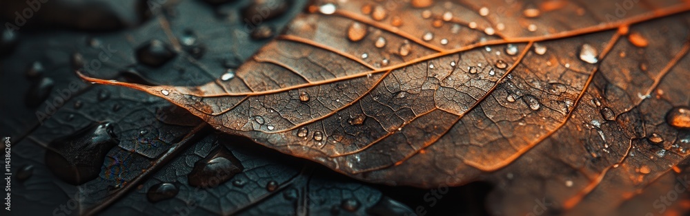Poster Macro shot of a leaf with raindrops highlighting intricate textures and natural beauty in a tranquil setting