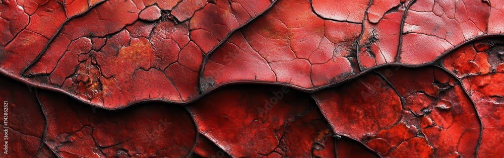 Poster Close-up view of a vibrant red autumn leaf showcasing intricate textures and colors against a blurred natural background