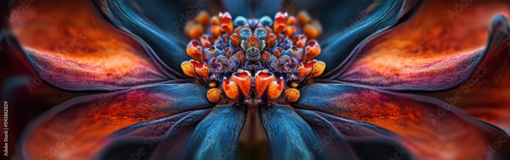 Poster macro shot highlighting the vibrant center of a flower with intricate details and bold colors