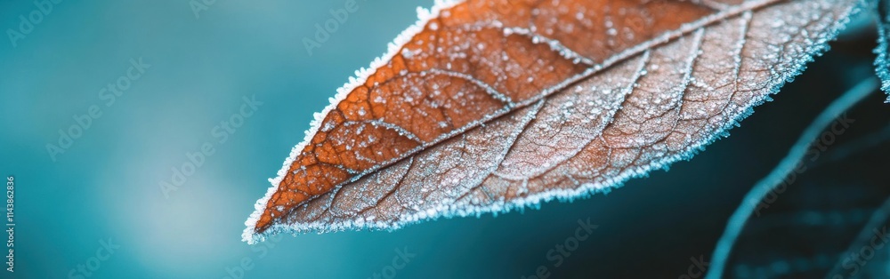 Aufkleber Macro shot of a frozen leaf displaying intricate ice patterns in cold winter morning light