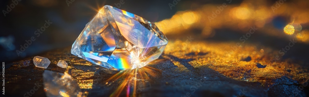 Poster macro shot captures perfect geometric shapes of an iridescent crystal reflecting light in vivid colo