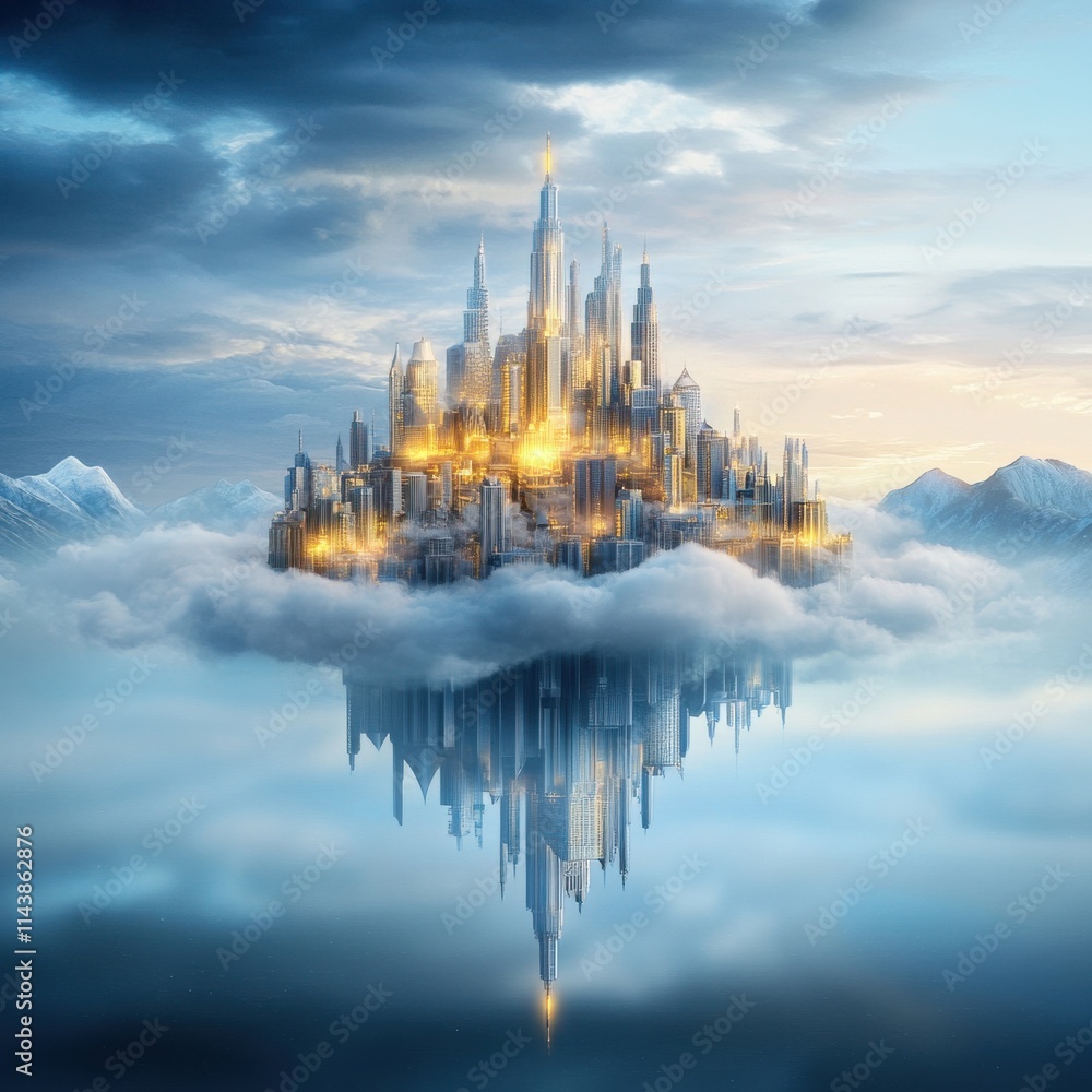 Poster ethereal floating city in clouds with gleaming skyscrapers under a dramatic sky, symbolizing futuris