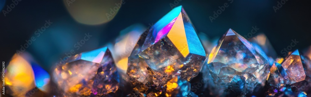 Poster macro shot showcasing the stunning geometric patterns of vibrant crystals illuminated in various col