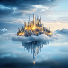 Fototapeta premium Ethereal Floating City in Clouds with Gleaming Skyscrapers Under a Dramatic Sky, Symbolizing Futuristic Architecture and Imagination