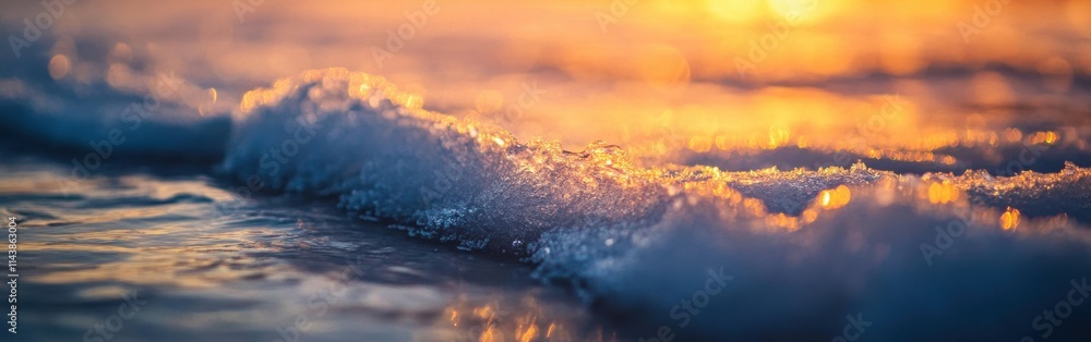 Aufkleber Macro view of ice forming on a serene lake at sunset revealing intricate patterns and textures