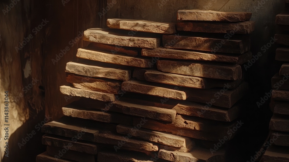 Aufkleber stacks of weathered wooden planks bathed in soft natural light creating an inviting and rustic atmos