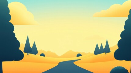 Serene Landscape with Rolling Hills, Stylized Trees, and Soft Clouds at Sunrise in a Warm Color Palette Emphasizing Peaceful Nature and Tranquility