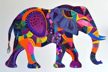 Vibrant, colorful illustration of an elephant, decorated with geometric and floral patterns.