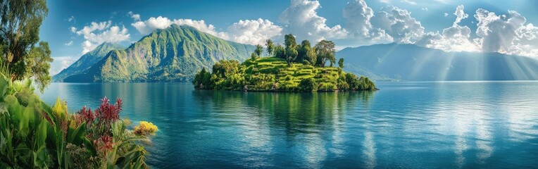 Fototapeta premium Explore the breathtaking beauty of Lake Toba with its lush green island and serene waters in Indonesia