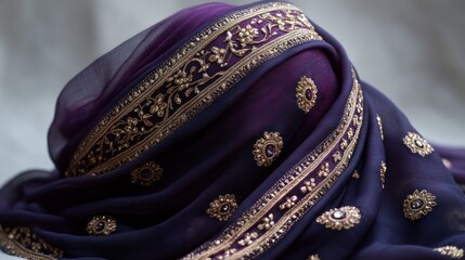 Obraz premium Close-up of a richly embroidered purple and gold fabric.
