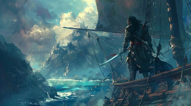 A fearless pirate brandishes his sword on an ancient boat, the scene capturing the rugged spirit of adventure and the thrill of the open seas.
